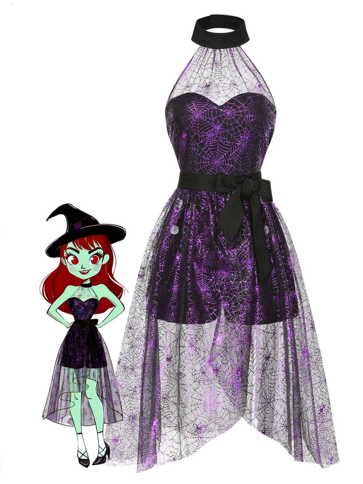 2PCS Black &amp; Purple 1950s Spiderweb Mesh Romper &amp; Skirt Cover-Up - vintage skirt, retro style, classic black