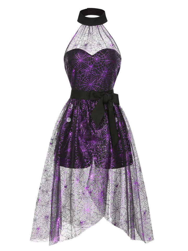 2PCS Black &amp; Purple 1950s Spiderweb Mesh Romper &amp; Skirt Cover-Up - vintage skirt, retro style, classic black