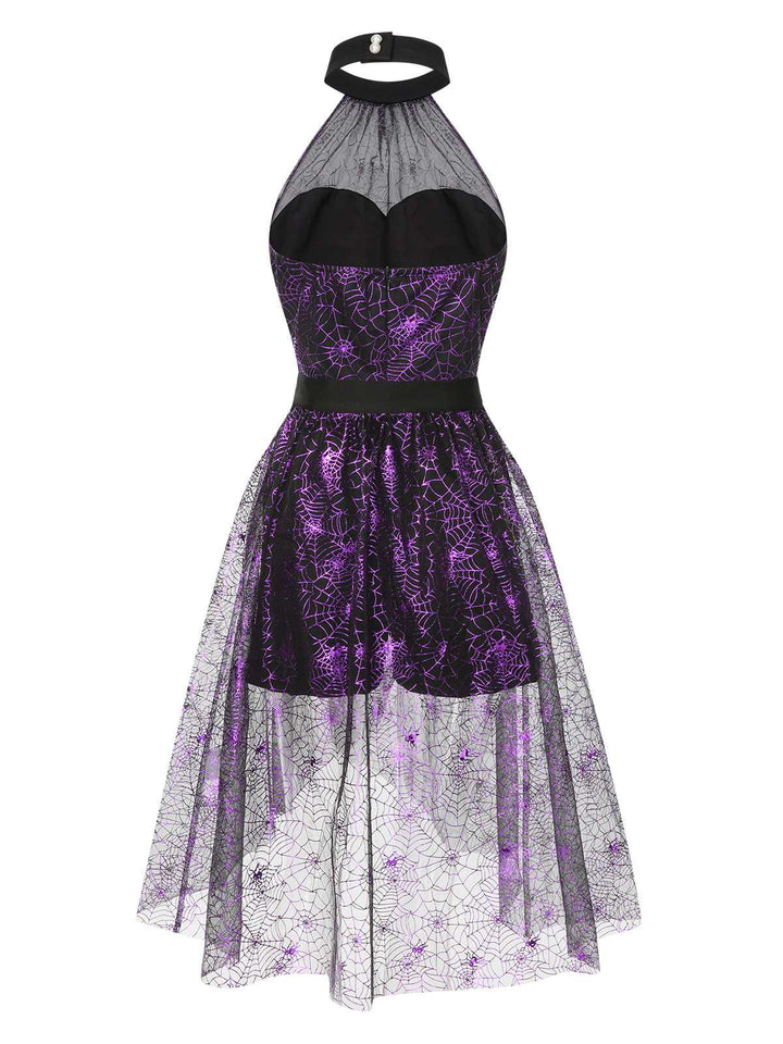2PCS Black &amp; Purple 1950s Spiderweb Mesh Romper &amp; Skirt Cover-Up - vintage skirt, retro style, classic black