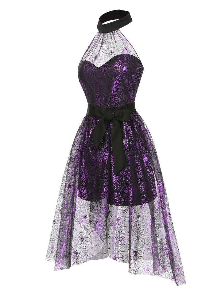 2PCS Black &amp; Purple 1950s Spiderweb Mesh Romper &amp; Skirt Cover-Up - vintage skirt, retro style, classic black