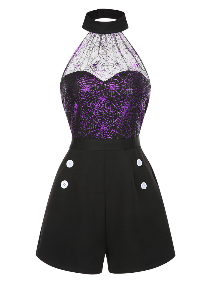 2PCS Black &amp; Purple 1950s Spiderweb Mesh Romper &amp; Skirt Cover-Up - vintage skirt, retro style, classic black