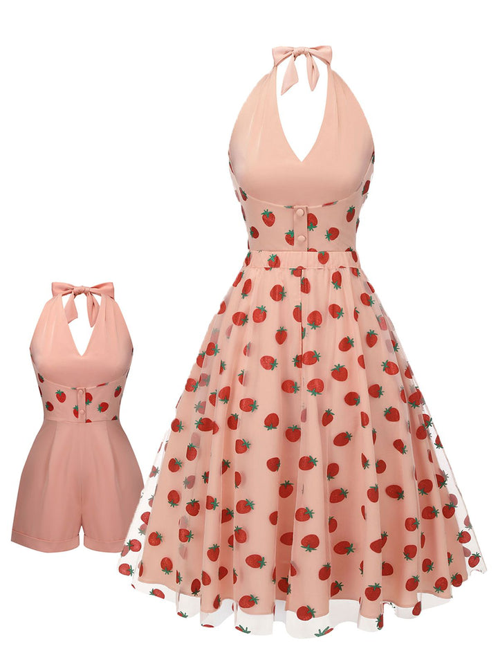 2PCS Pink 1950s Halter Strawberry Romper &amp; Umbrella Skirt - vintage skirt, retro style