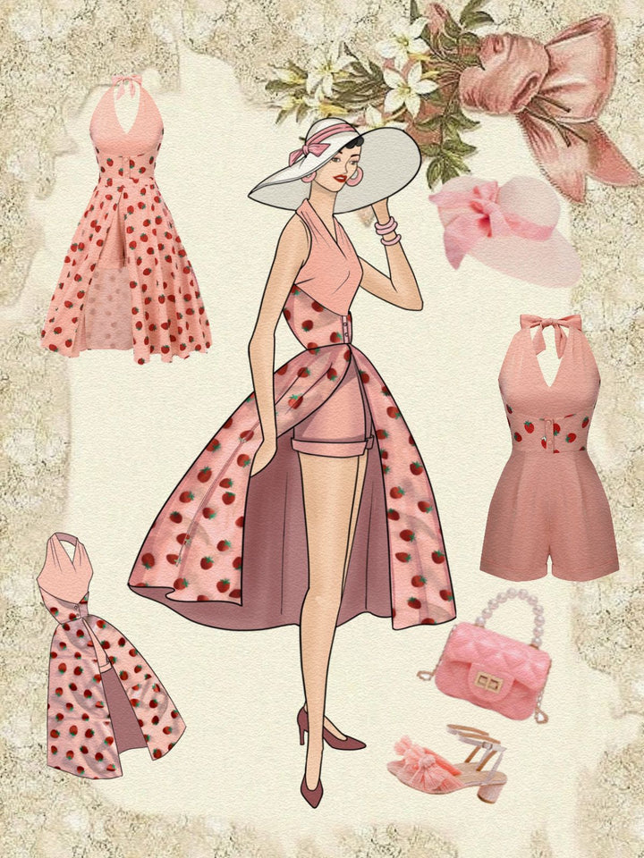 2PCS Pink 1950s Halter Strawberry Romper &amp; Umbrella Skirt - vintage skirt, retro style