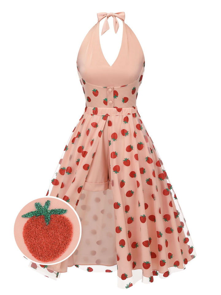 2PCS Pink 1950s Halter Strawberry Romper &amp; Umbrella Skirt - vintage skirt, retro style
