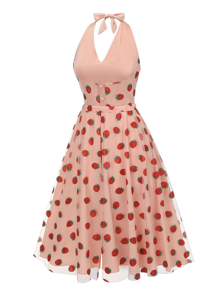 2PCS Pink 1950s Halter Strawberry Romper &amp; Umbrella Skirt - vintage skirt, retro style