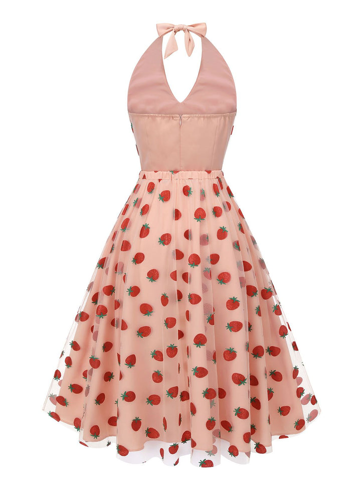 2PCS Pink 1950s Halter Strawberry Romper &amp; Umbrella Skirt - vintage skirt, retro style