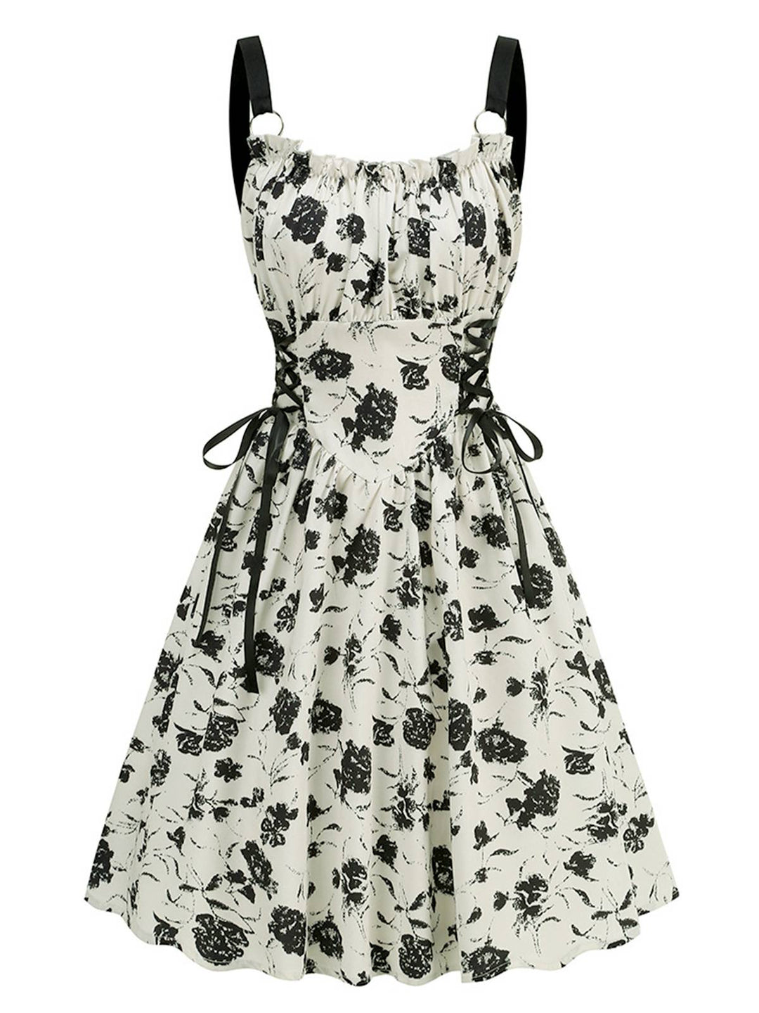 She slips into this 1950s Roses Straps Lace-Up Pleated Dress and suddenly it&