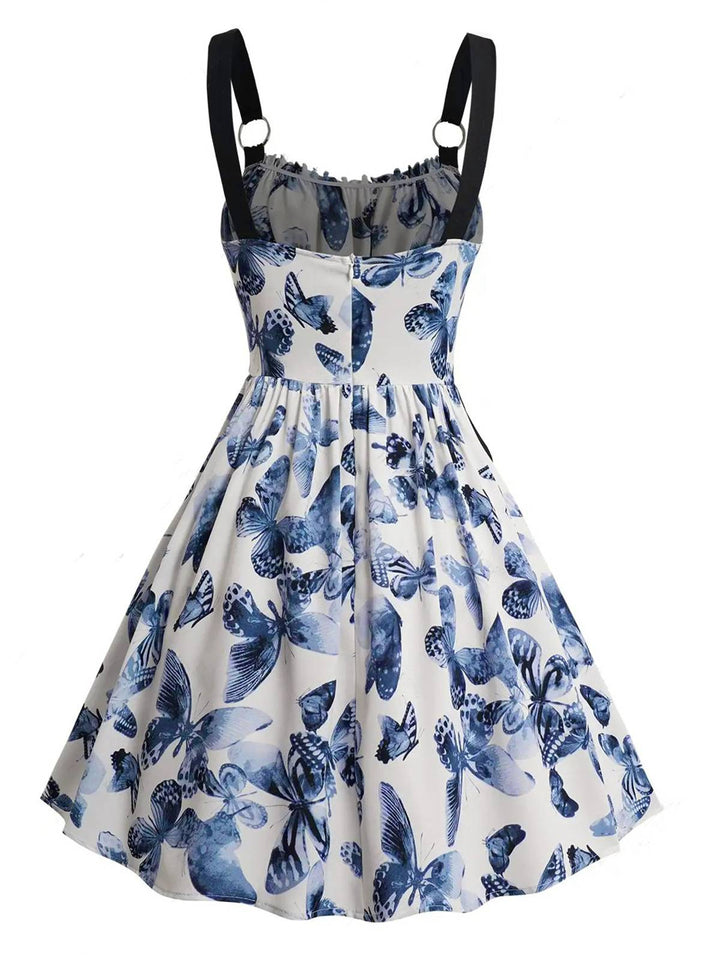She slips into this 1950s Roses Straps Lace-Up Pleated Dress and suddenly it&