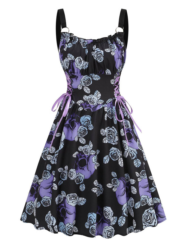 1950s Roses Straps Lace-Up Pleated Dress: where 1950s romance meets her modern spirit