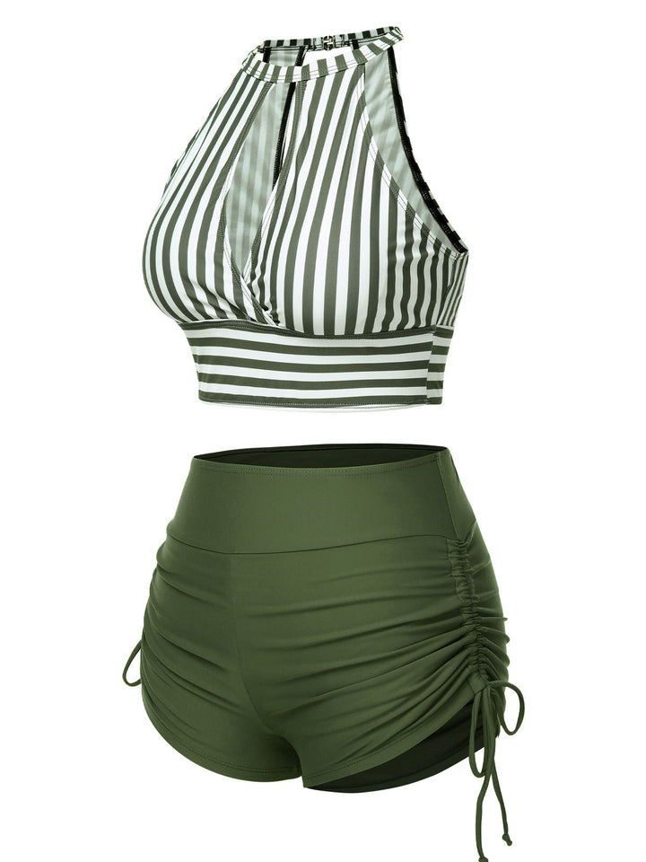 1950s Round Neck Halter Hollow Striped Swimsuit - vintage swimwear, retro beach style for women