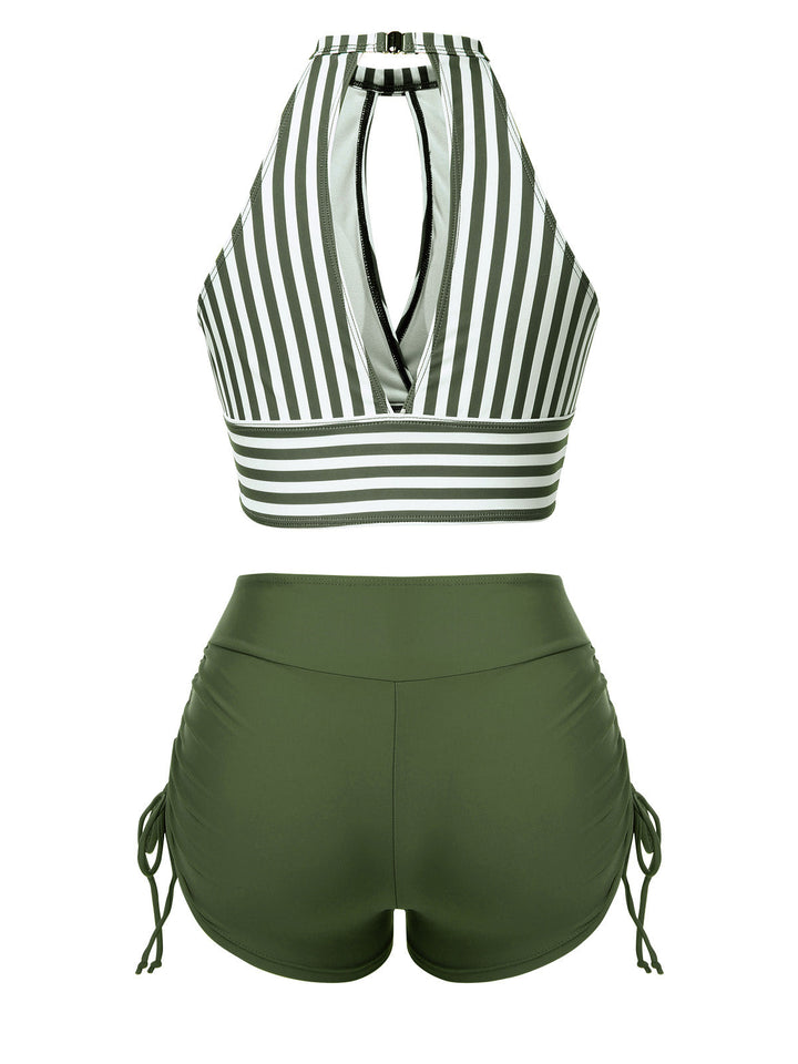 1950s Round Neck Halter Hollow Striped Swimsuit - vintage swimwear, retro beach style for women