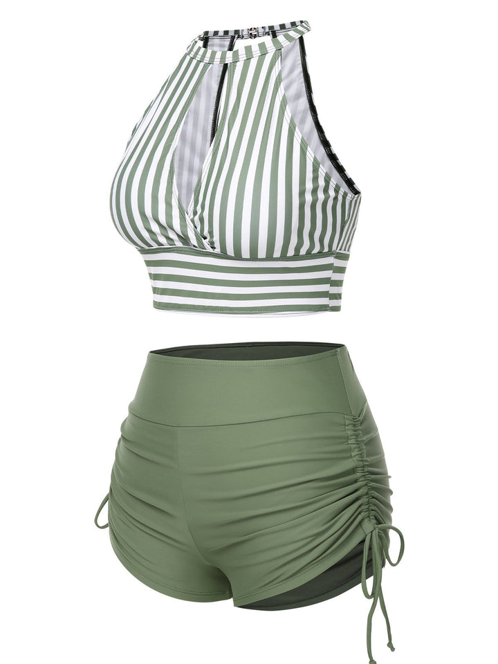 1950s Round Neck Halter Hollow Striped Swimsuit - vintage swimwear, retro beach style for women