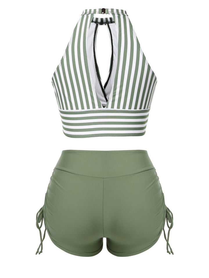 1950s Round Neck Halter Hollow Striped Swimsuit - vintage swimwear, retro beach style for women
