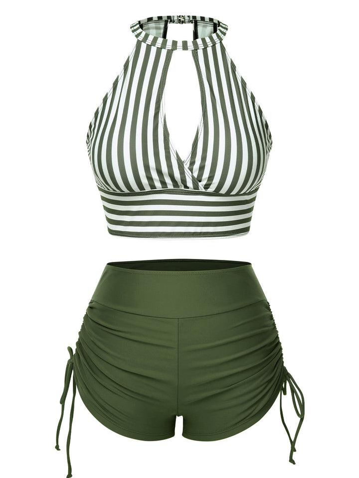 1950s Round Neck Halter Hollow Striped Swimsuit - vintage swimwear, retro beach style for women