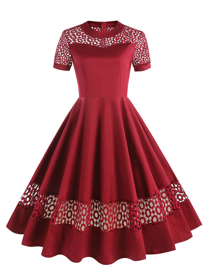 She slips into this 1950s Round Neck Hollow Solid Dress and suddenly it&
