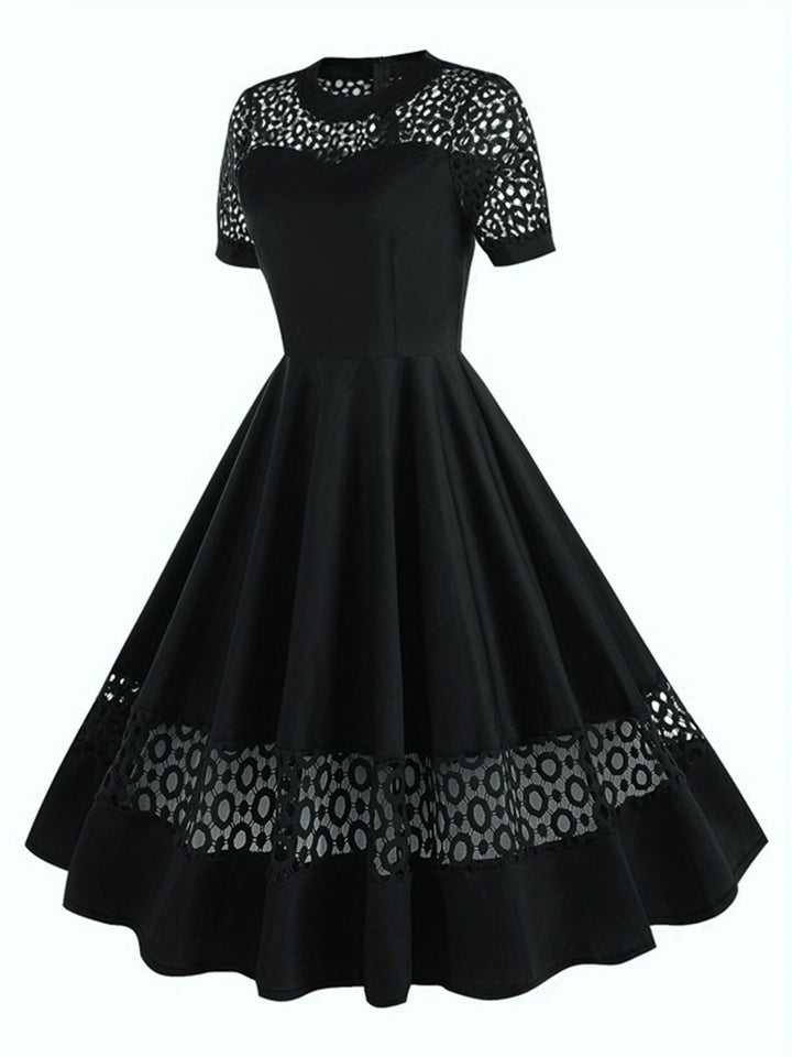 She slips into this 1950s Round Neck Hollow Solid Dress and suddenly it&