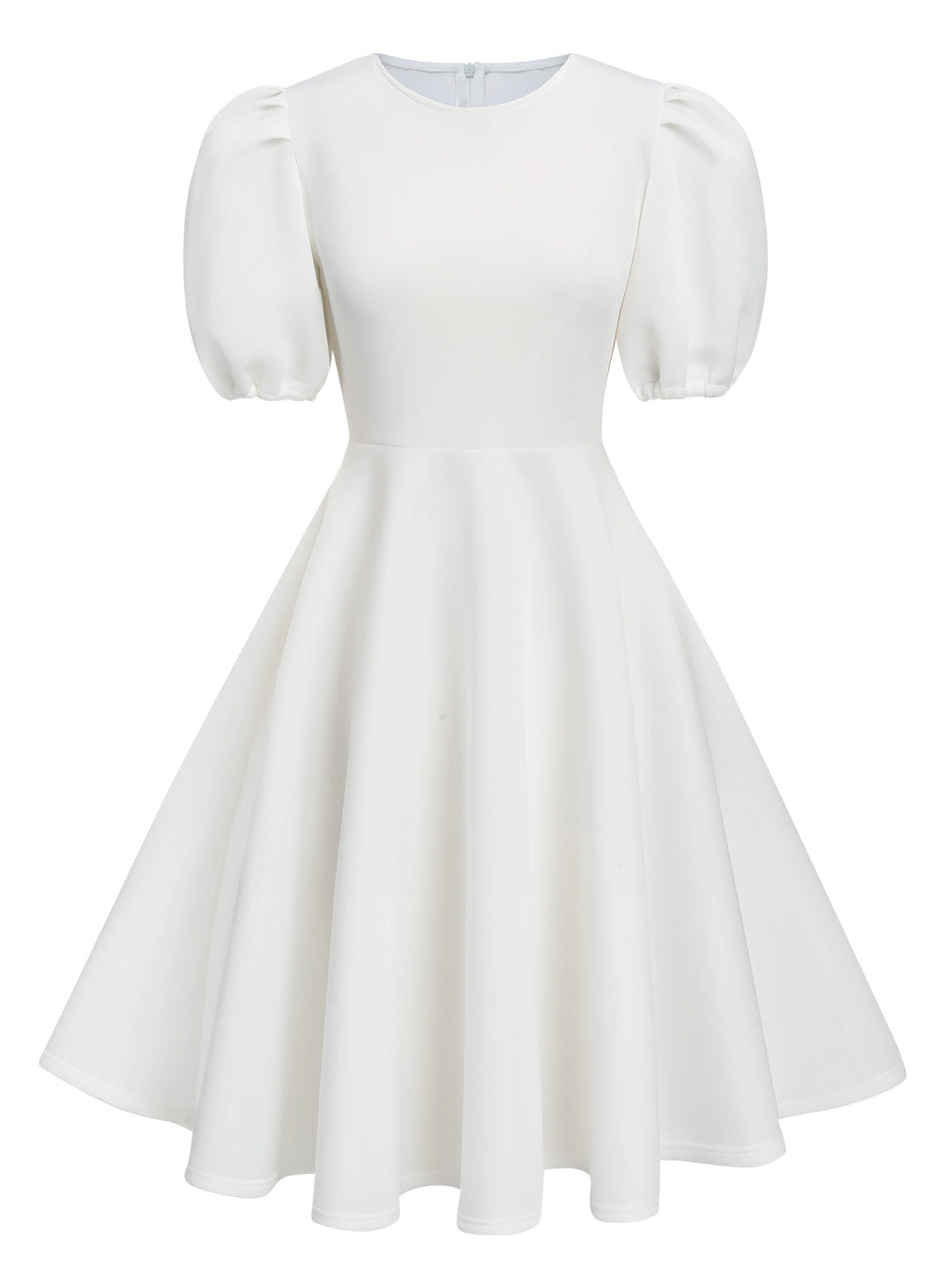 She slips into this 1950s Round Neck Puff Sleeve A-Line Dress and suddenly it&