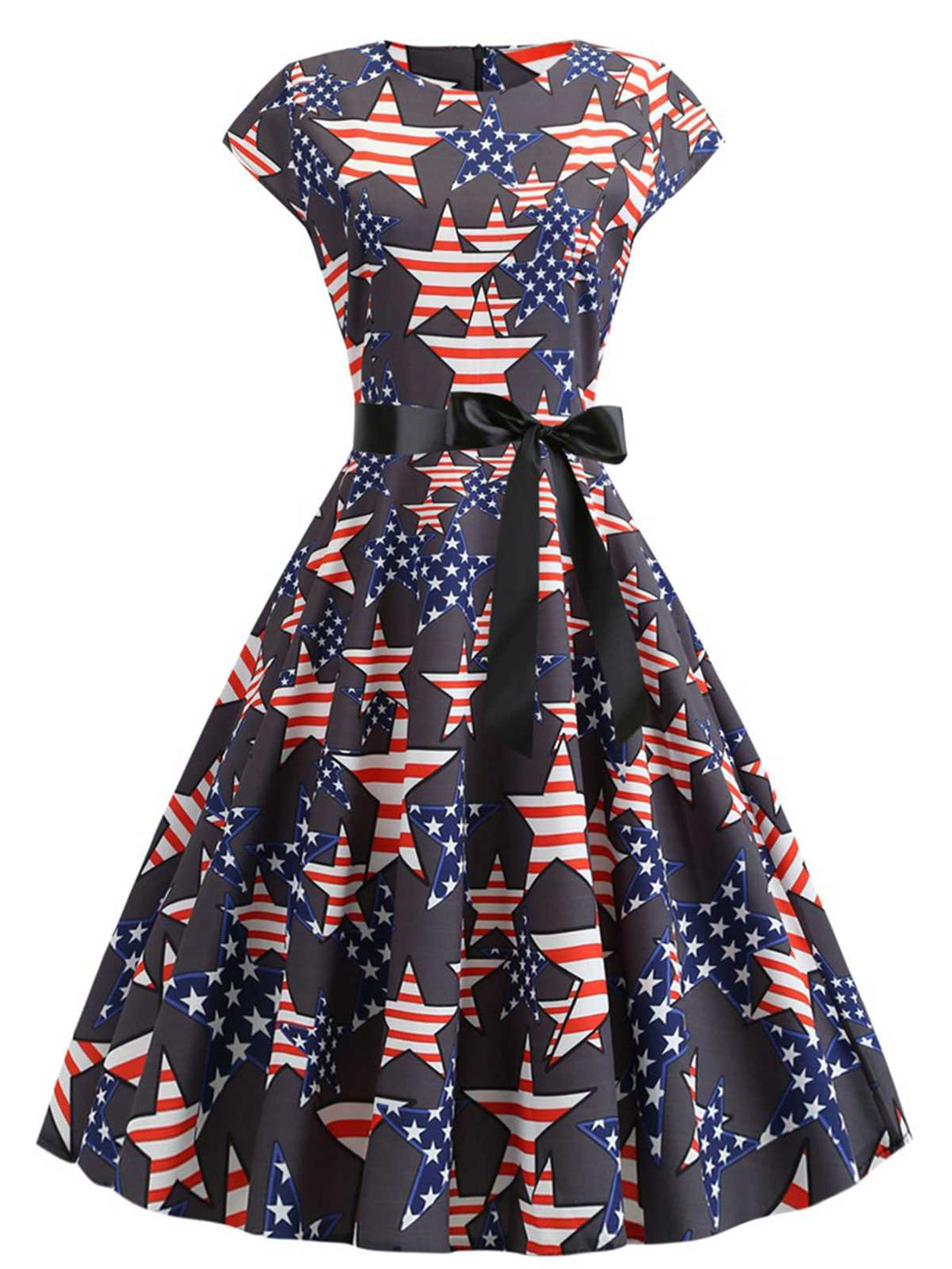 She slips into this 1950s Round Neck Stars Belted Dress and suddenly it&