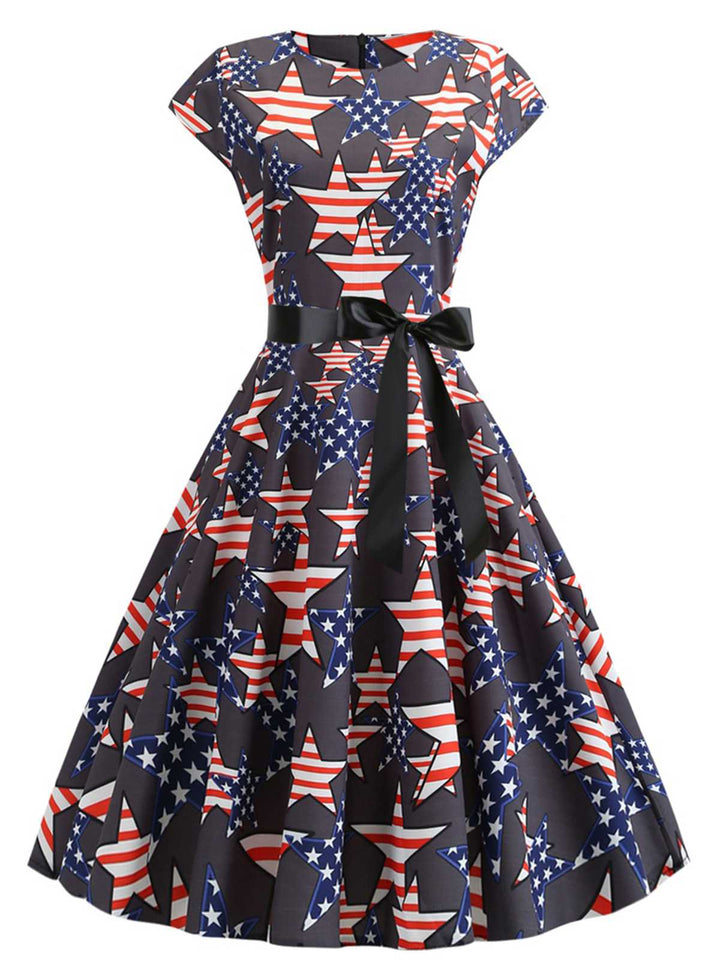 She slips into this 1950s Round Neck Stars Belted Dress and suddenly it&
