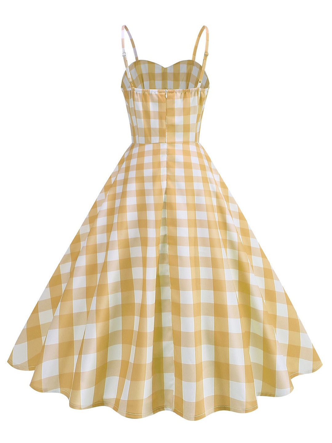 She slips into this 1950s Ruched Spaghetti Straps Gingham Plaid Dress and suddenly it&