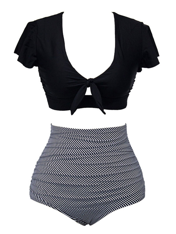 This 1950s Ruffle Sleeve Lace-Up Patchwork Swimsuit carries 1950s vacation dreams in every stitch