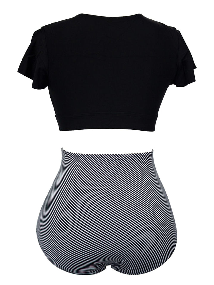 1950s Ruffle Sleeve Lace-Up Patchwork Swimsuit — because 1950s glamour never goes out of style