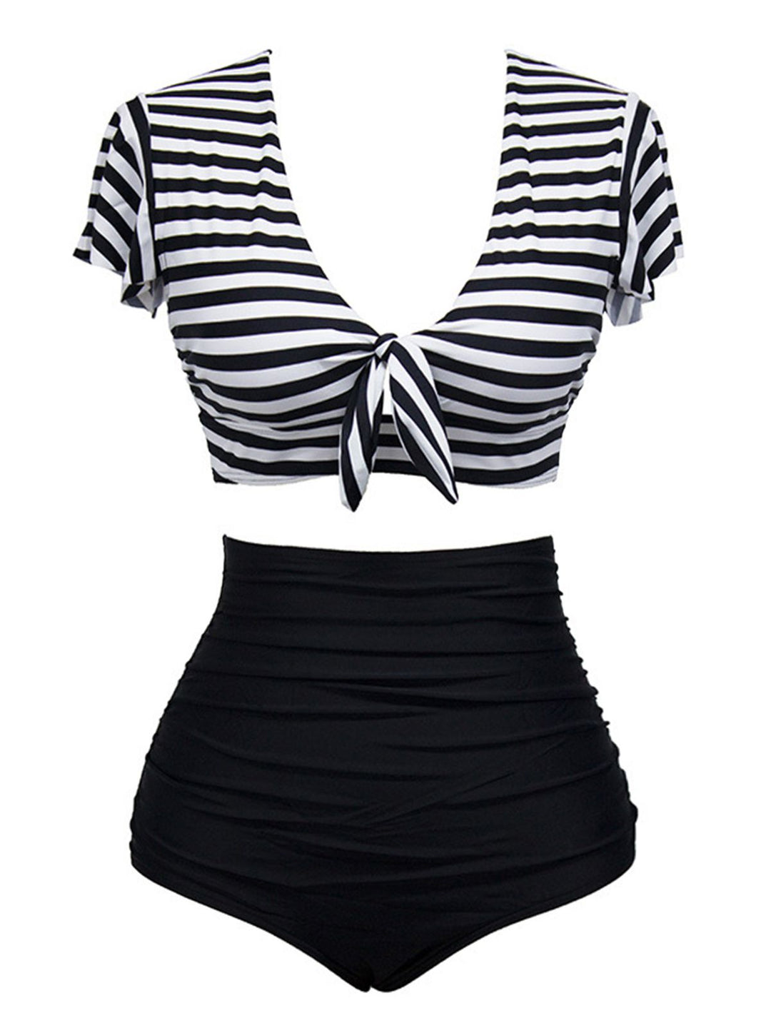 1950s Ruffle Sleeve Lace-Up Patchwork Swimsuit — 1950s poolside glamour meets sun-drenched confidence