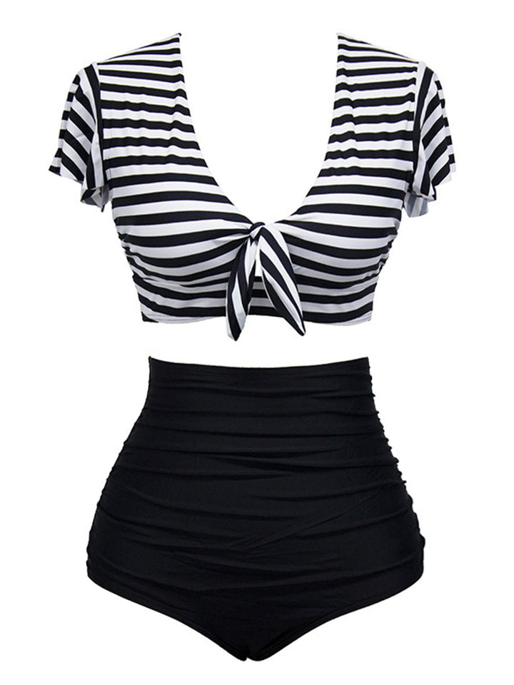 1950s Ruffle Sleeve Lace-Up Patchwork Swimsuit — 1950s poolside glamour meets sun-drenched confidence