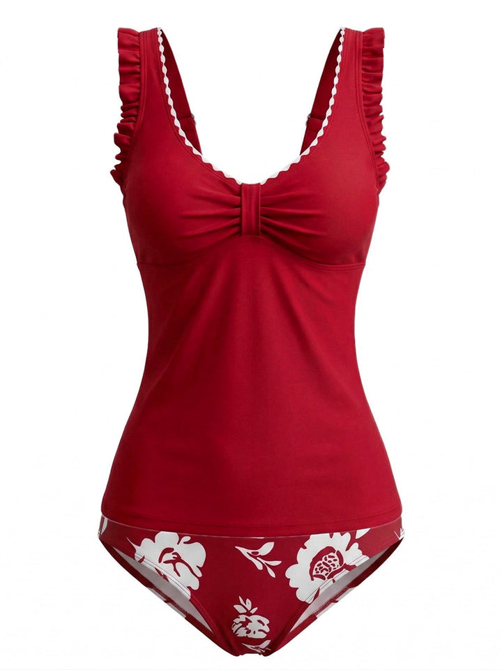 Ruffle Strap Twist Front Floral Tankini Set, vintage fashion, retro style - perfect for women who love vintage and retro fashion