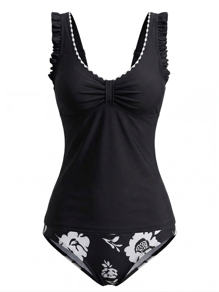 Ruffle Strap Twist Front Floral Tankini Set, vintage fashion, retro style - perfect for women who love vintage and retro fashion