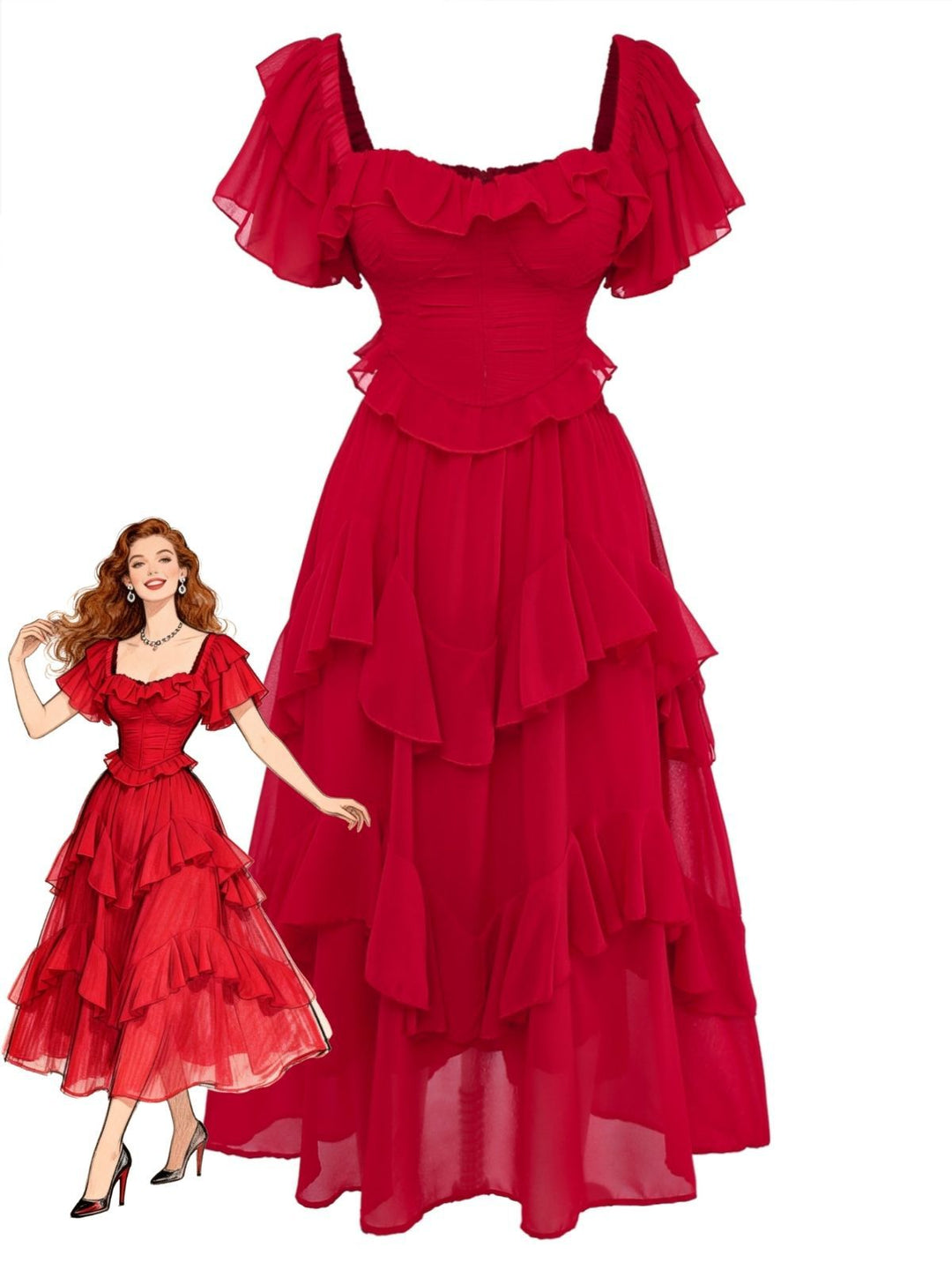 1950s Ruffle Tiered Off-Shoulder Maxi Dress - vintage dress, retro fashion, rockabilly
