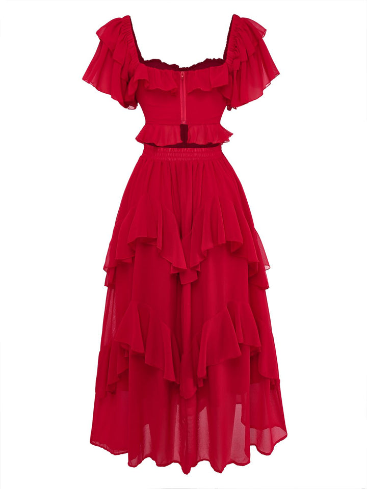 1950s Ruffle Tiered Off-Shoulder Maxi Dress - vintage dress, retro fashion, rockabilly
