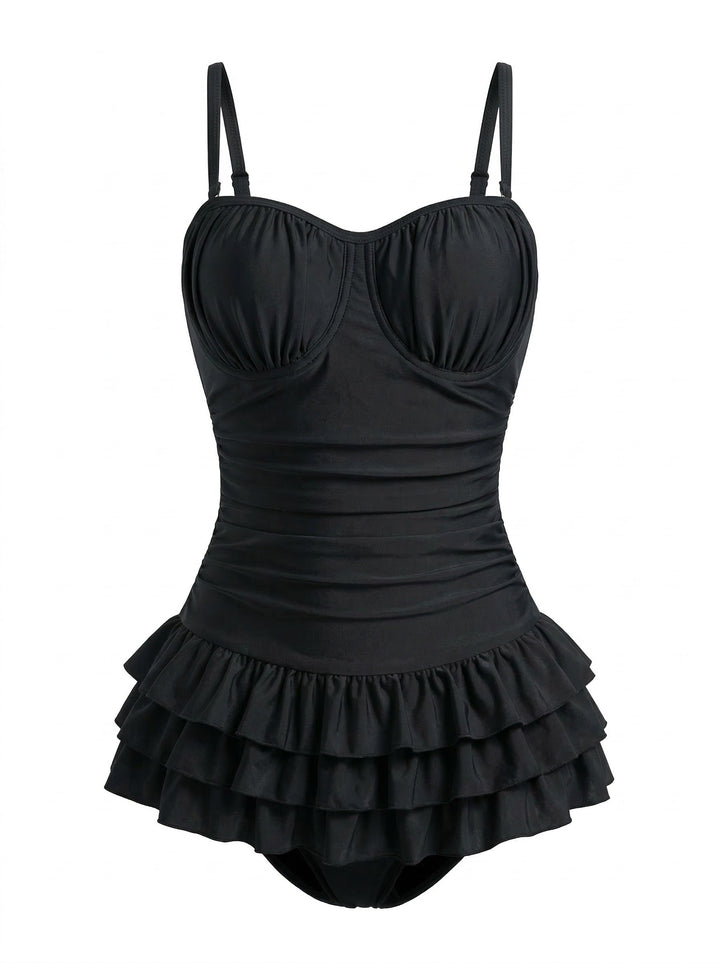 1950s Ruffled Ruched Tiered One-Piece Swimsuit - vintage swimwear, retro beach style for women