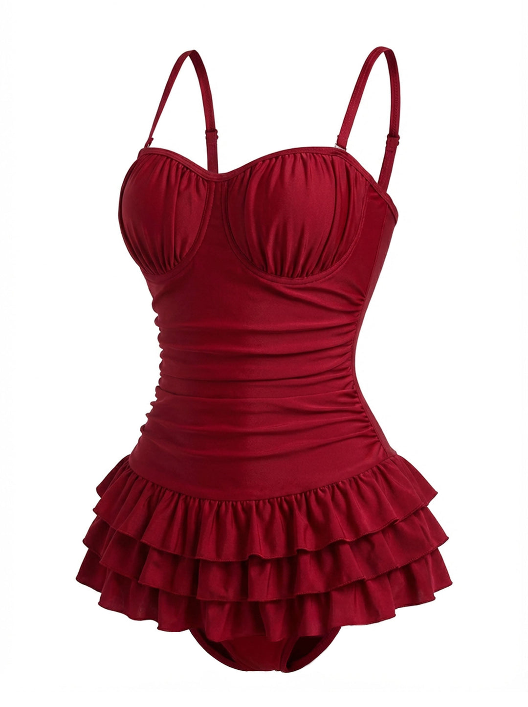 1950s Ruffled Ruched Tiered One-Piece Swimsuit - vintage swimwear, retro beach style for women