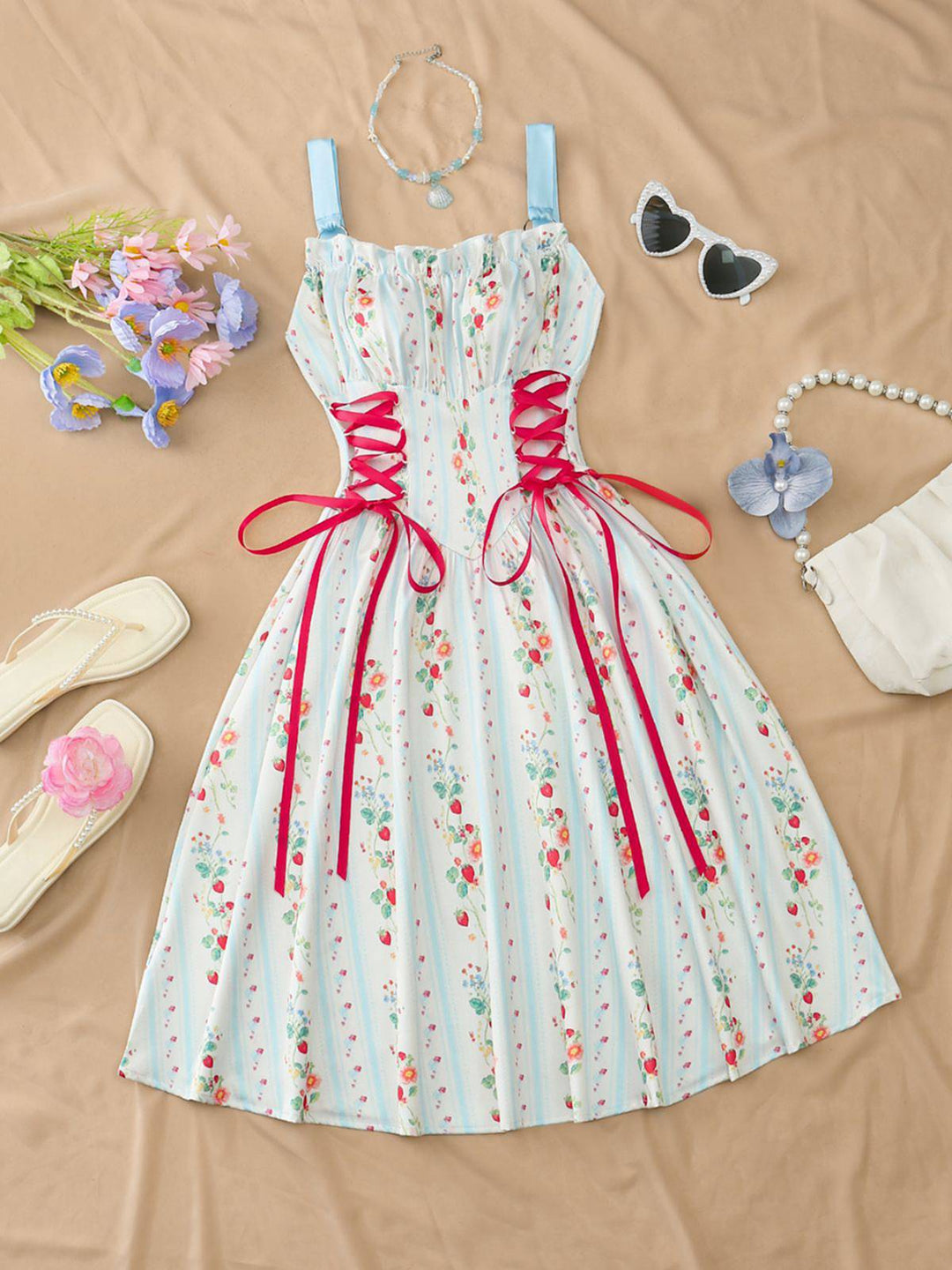1950s Ruffled Square Neck Sleeveless Floral Print Swing Dress, vintage dress, retro fashion, rockabilly, pin-up fashion - perfect for women who love vintage and retro fashion