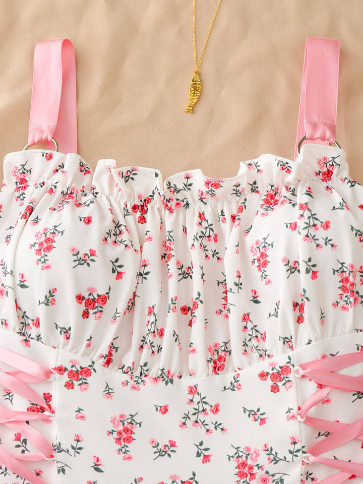 1950s Ruffled Square Neck Sleeveless Floral Print Swing Dress