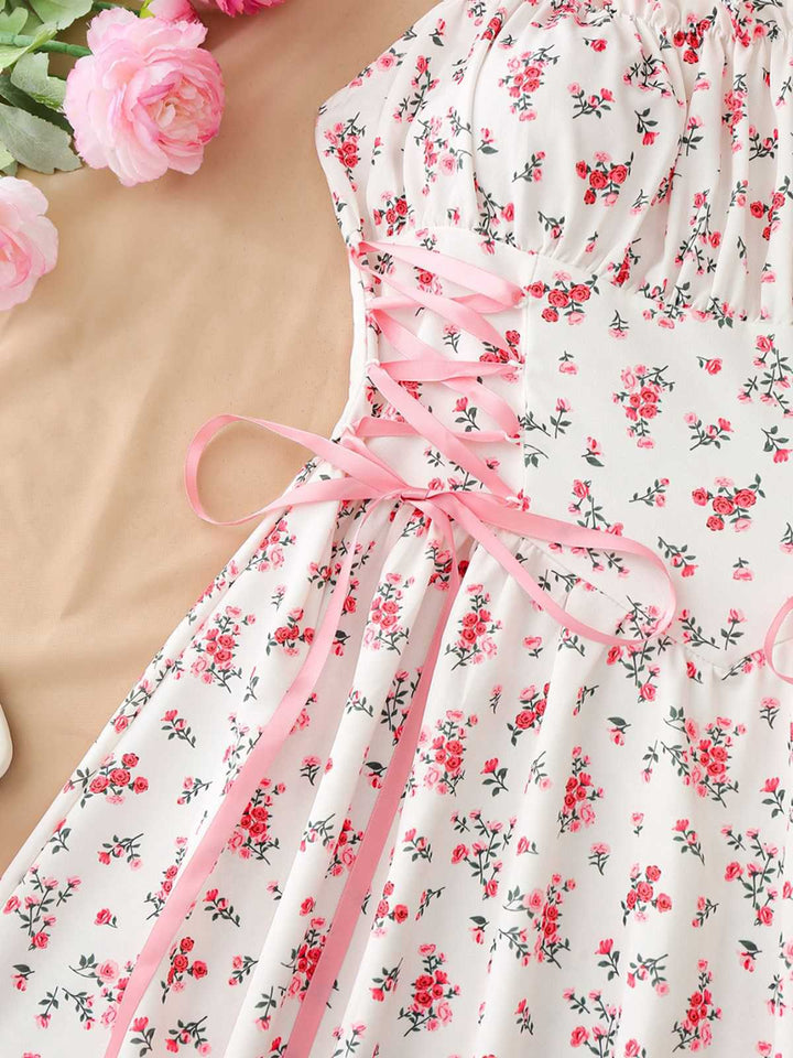 1950s Ruffled Square Neck Sleeveless Floral Print Swing Dress