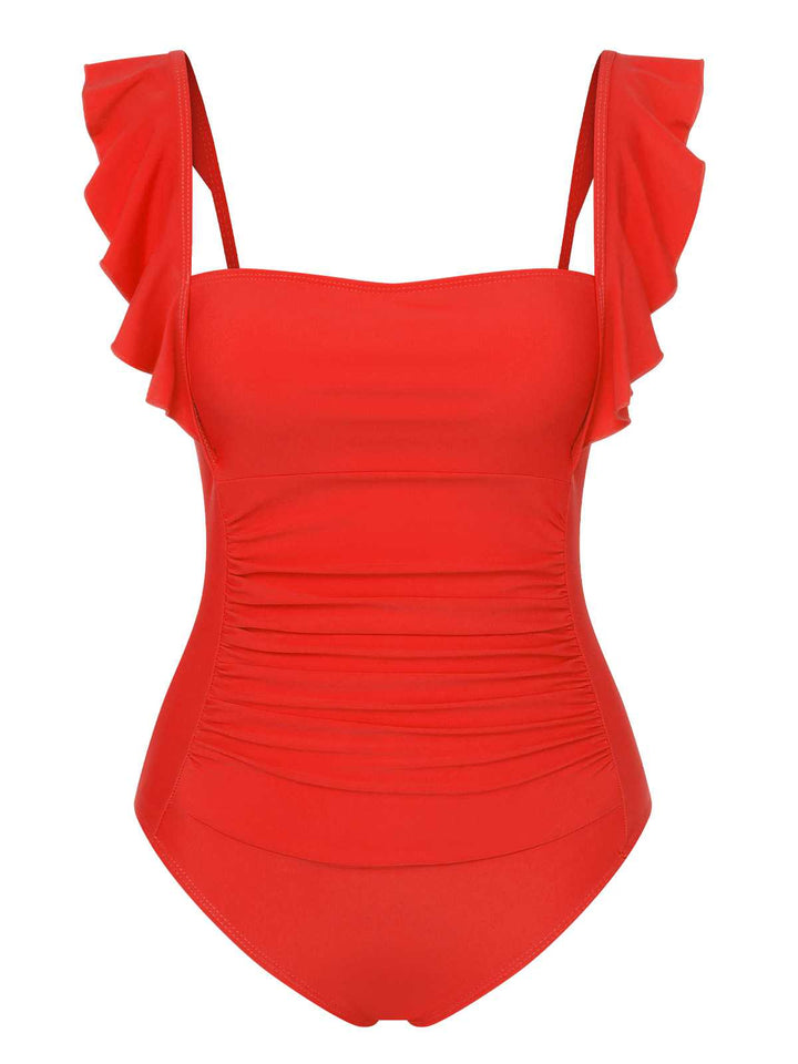 This 1950s Ruffles Backless Solid One-Piece Swimsuit carries 1950s vacation dreams in every stitch