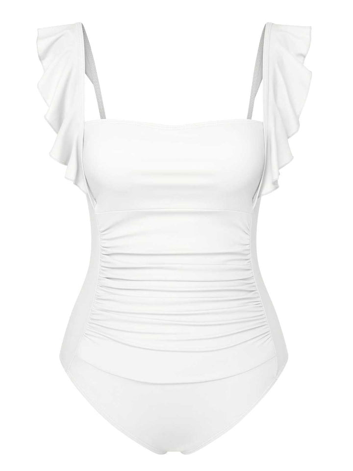 1950s Ruffles Backless Solid One-Piece Swimsuit — 1950s poolside glamour meets sun-drenched confidence