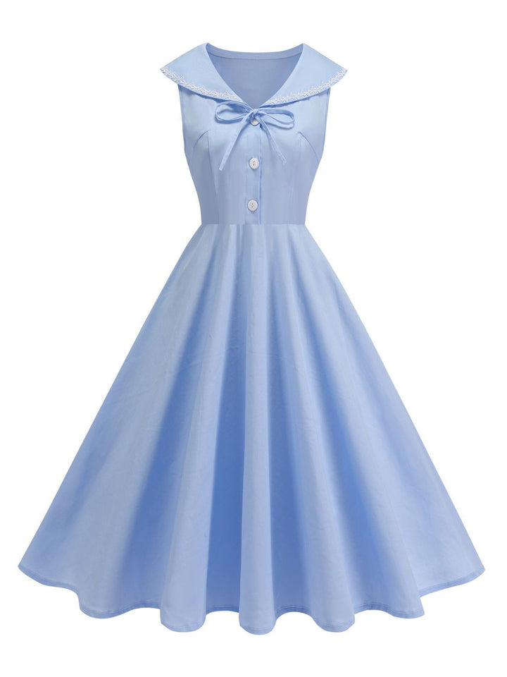 1950s Sailor Collar Bow-Tie Solid Sleeveless Dress - vintage dress, retro fashion, rockabilly