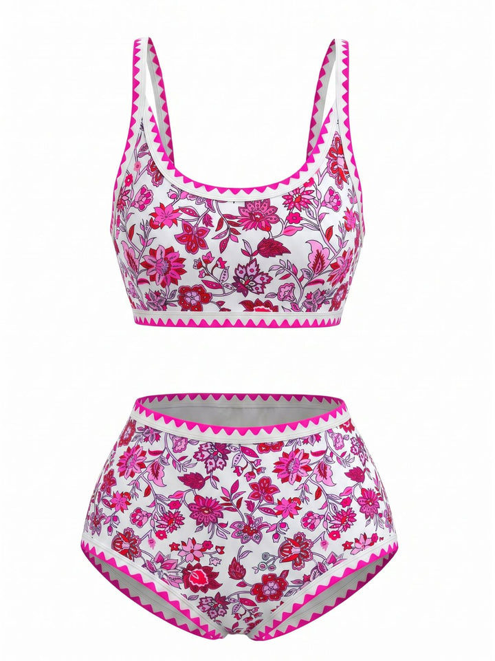 Scoop Neck Floral High-Waist Bikini Set, vintage swimsuit, swimwear - perfect for women who love vintage and retro fashion