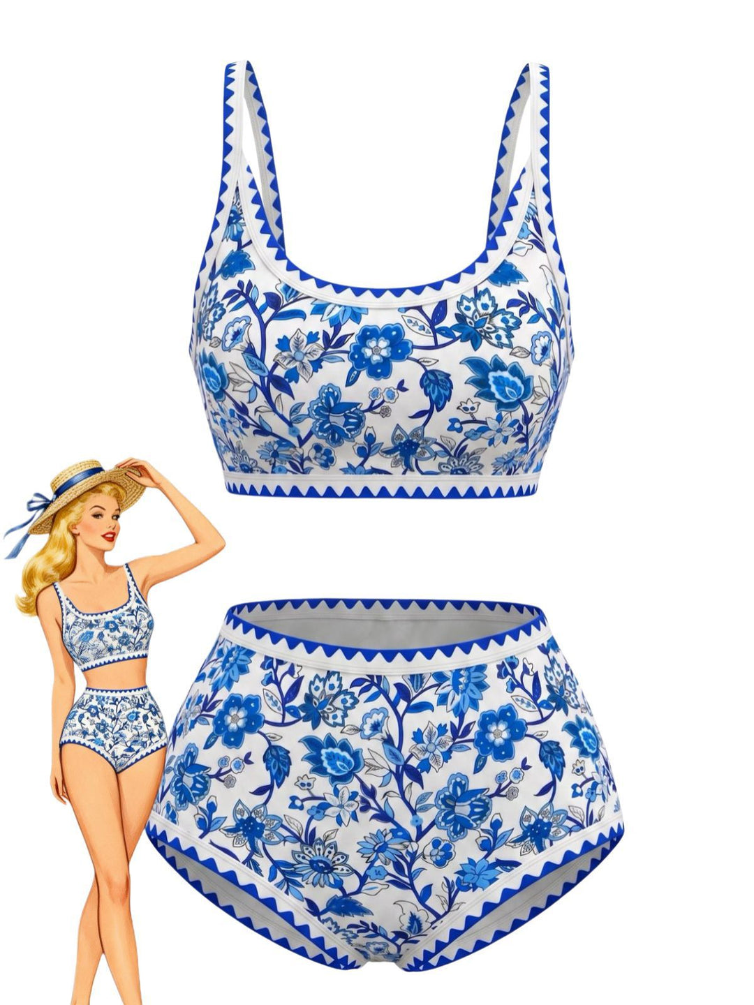 Scoop Neck Floral High-Waist Bikini Set, vintage swimsuit, swimwear - perfect for women who love vintage and retro fashion