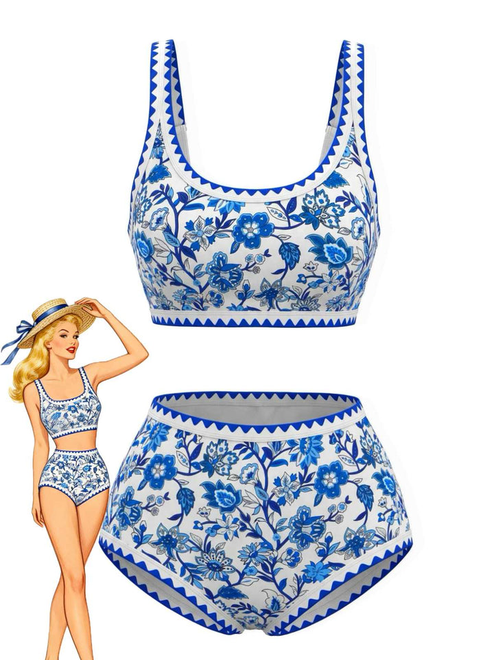 1950s Scoop Neck Floral High-Waist Bikini Set - vintage swimwear, retro swimsuit, pin-up style for vintage lovers