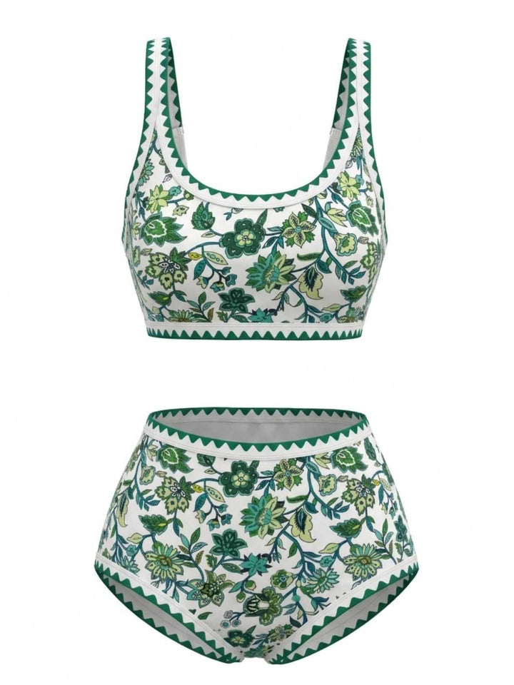 1950s Scoop Neck Floral High-Waist Bikini Set - vintage swimwear, retro swimsuit, pin-up style for vintage lovers