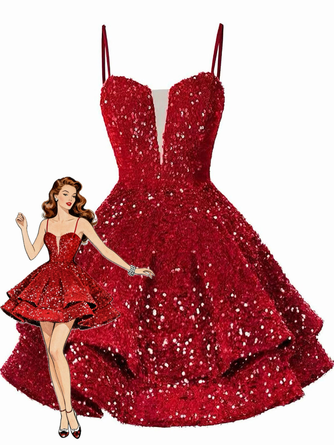1950s Sequin Deep V-Neck Lace-UP Mini Party Dress - vintage dress, retro fashion, rockabilly