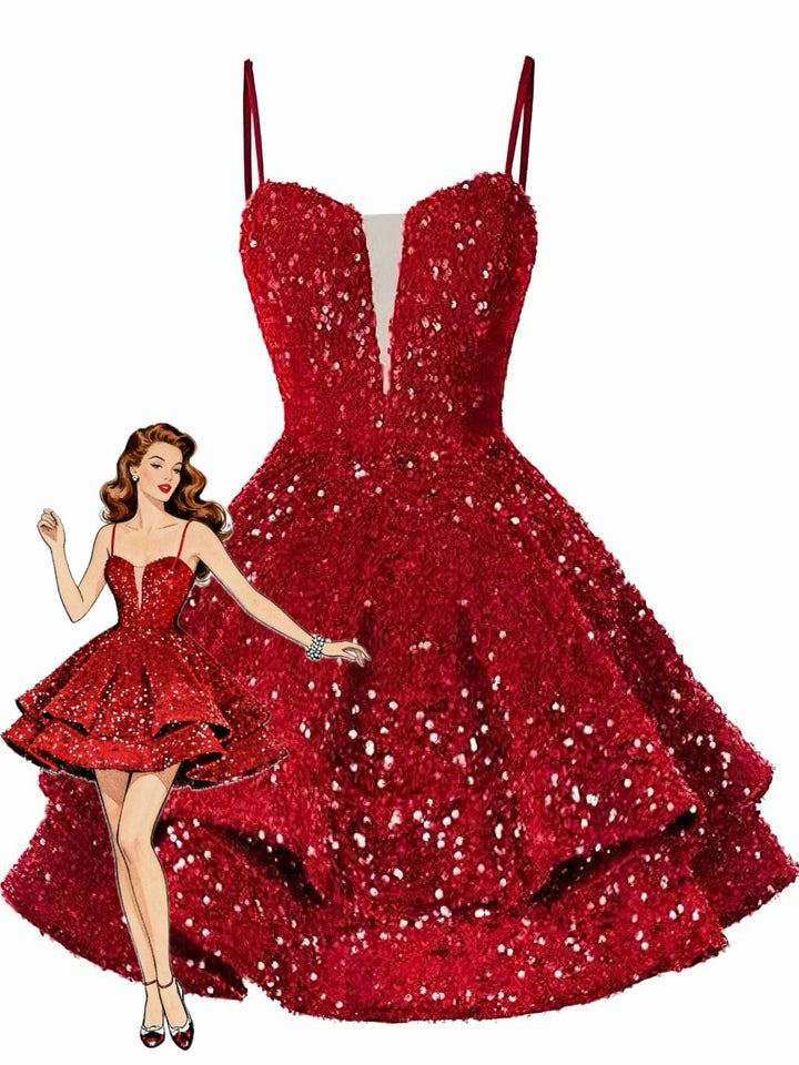 1950s Sequin Deep V-Neck Lace-UP Mini Party Dress - vintage dress, retro fashion, rockabilly