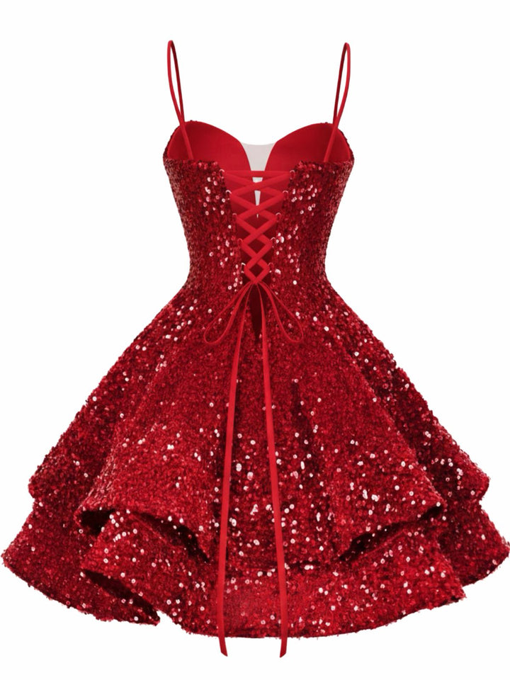 1950s Sequin Deep V-Neck Lace-UP Mini Party Dress - vintage dress, retro fashion, rockabilly