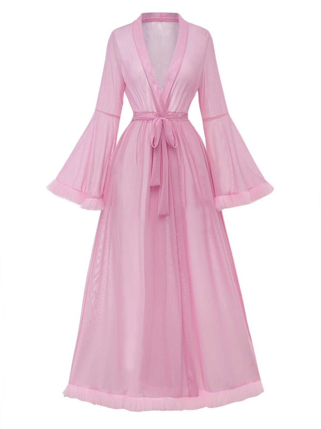 Sheer Flared Sleeve Belted Long Robe - vintage fashion, retro style, elegant red