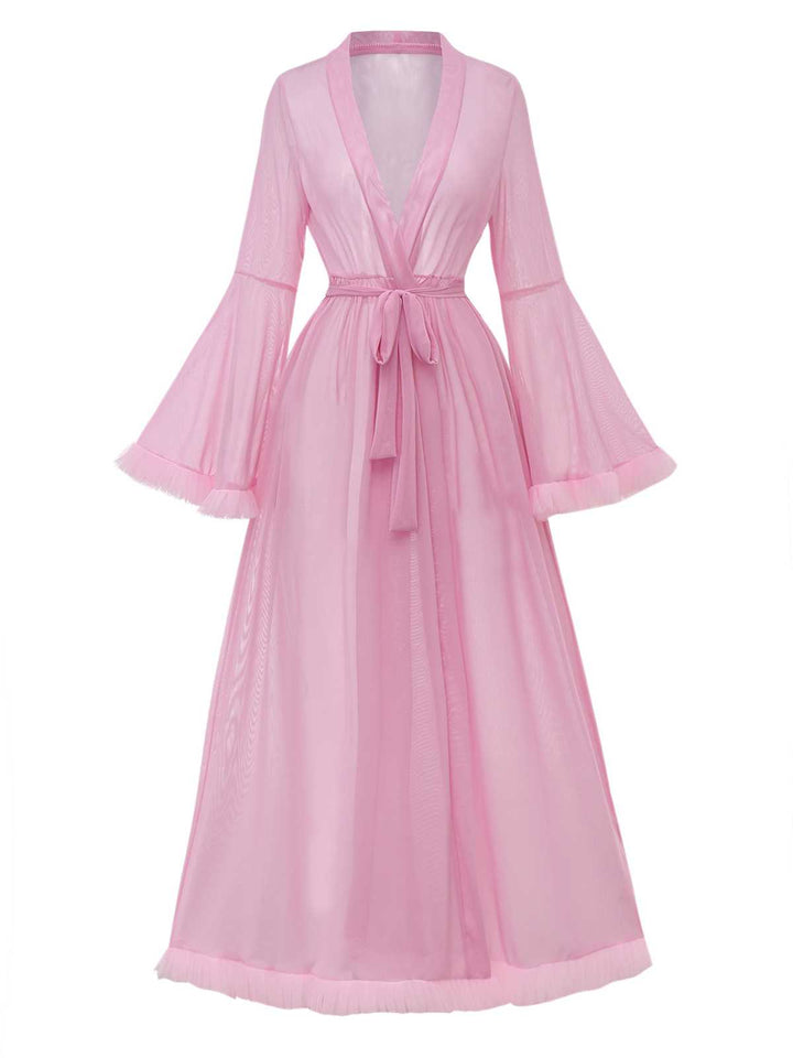 Sheer Flared Sleeve Belted Long Robe - vintage fashion, retro style, elegant red