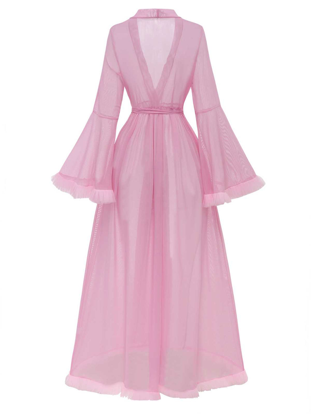Sheer Flared Sleeve Belted Long Robe - vintage fashion, retro style, elegant red